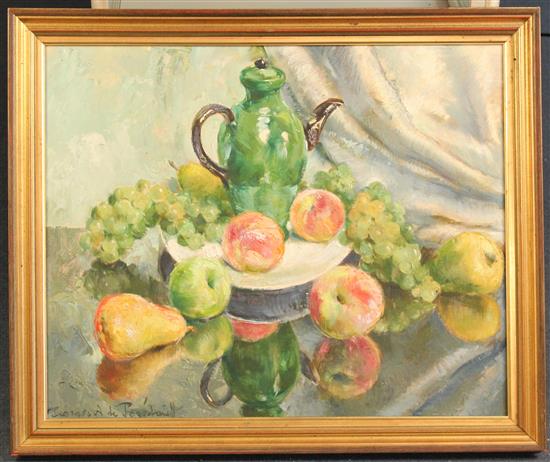 Georges De Pogedaieff (1897-1971) Still life of fruit and a coffee pot, 21 x 26.5in.